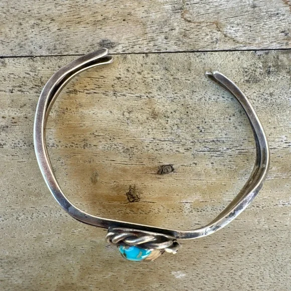Vintage Turquoise Bangle Silver W/rope Design Bracelet Adjustable. Navajo Native - Picture 6 of 9